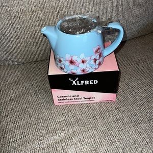 Light blue with flowers ceramic and stainless steel teapot